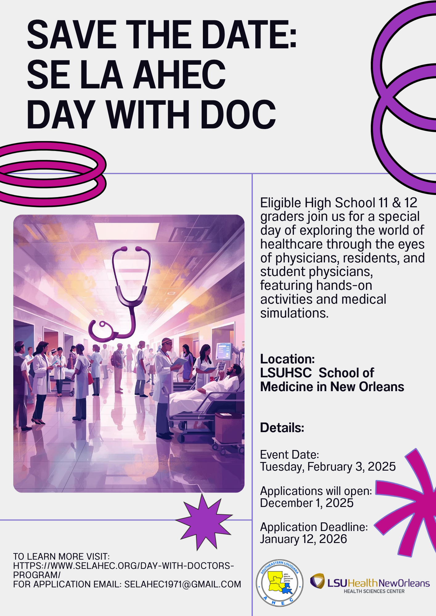 Save the date: Day with Docs open to all 13 Parishes in Southeastern Louisiana service area- HS Juniors & Seniors (Tuesday, February 3, 2025)